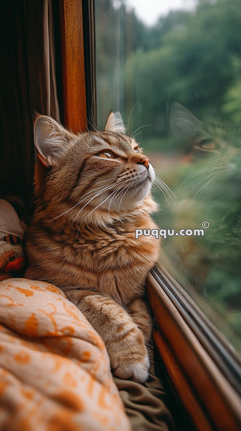 A brown tabby cat looking out the window, with its reflection visible on the glass.