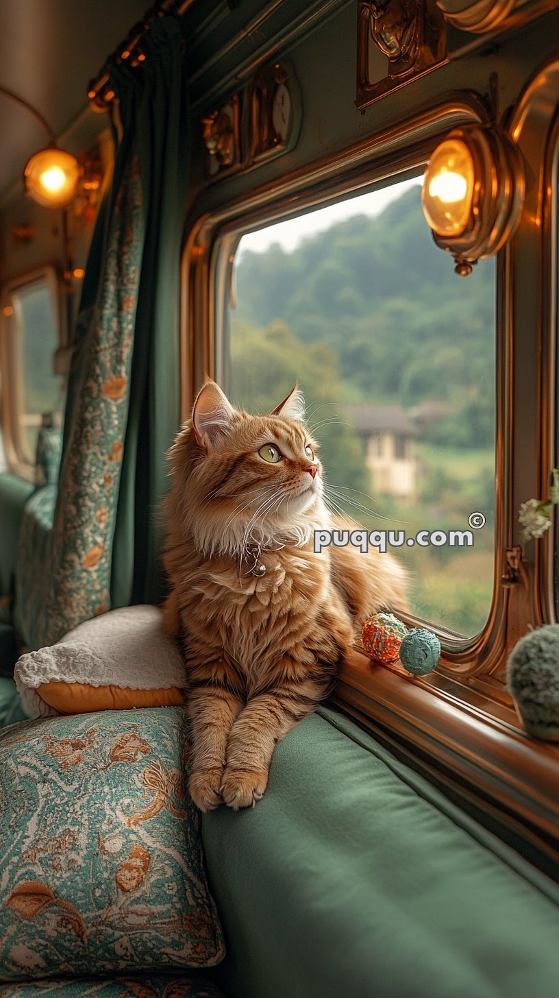 A fluffy orange tabby cat with green eyes is sitting on a cushioned seat next to a window in a classic, luxurious train carriage, gazing outside at a scenic countryside view.