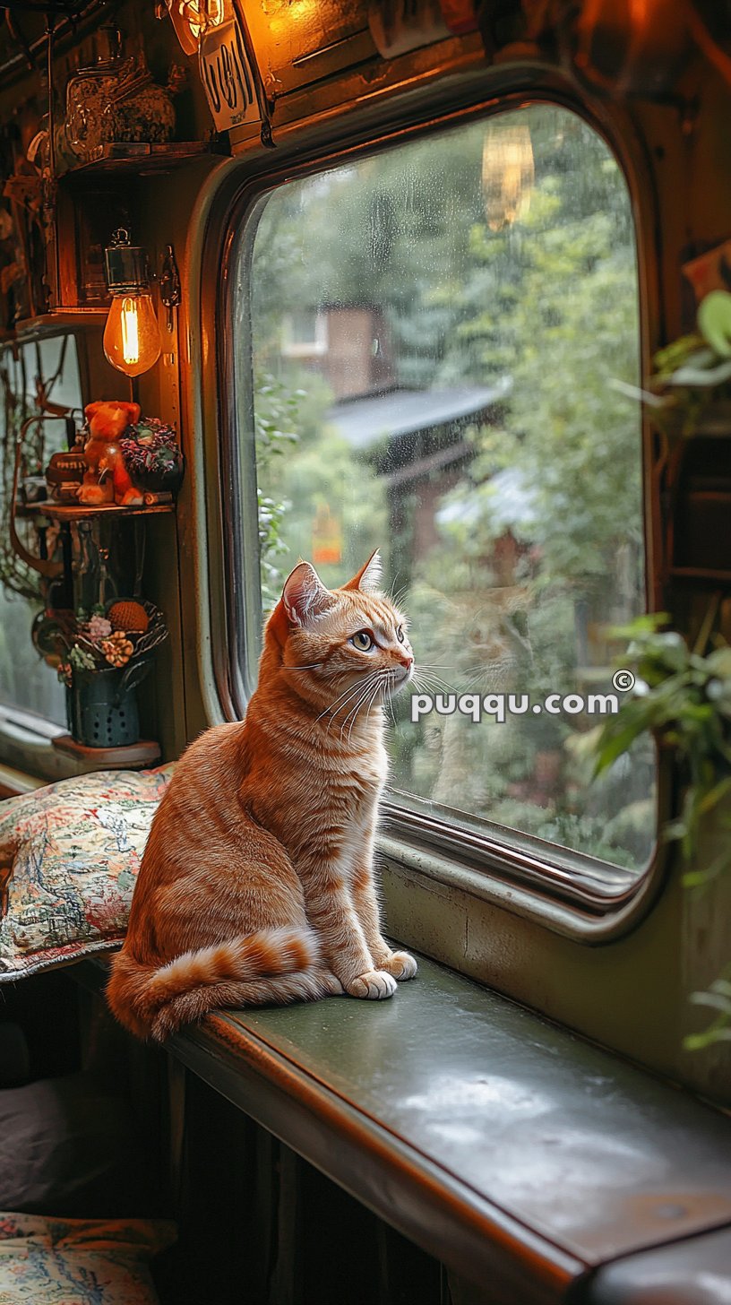 An orange cat sits by a window, looking outside, with warm interior lighting and various decorative items around.