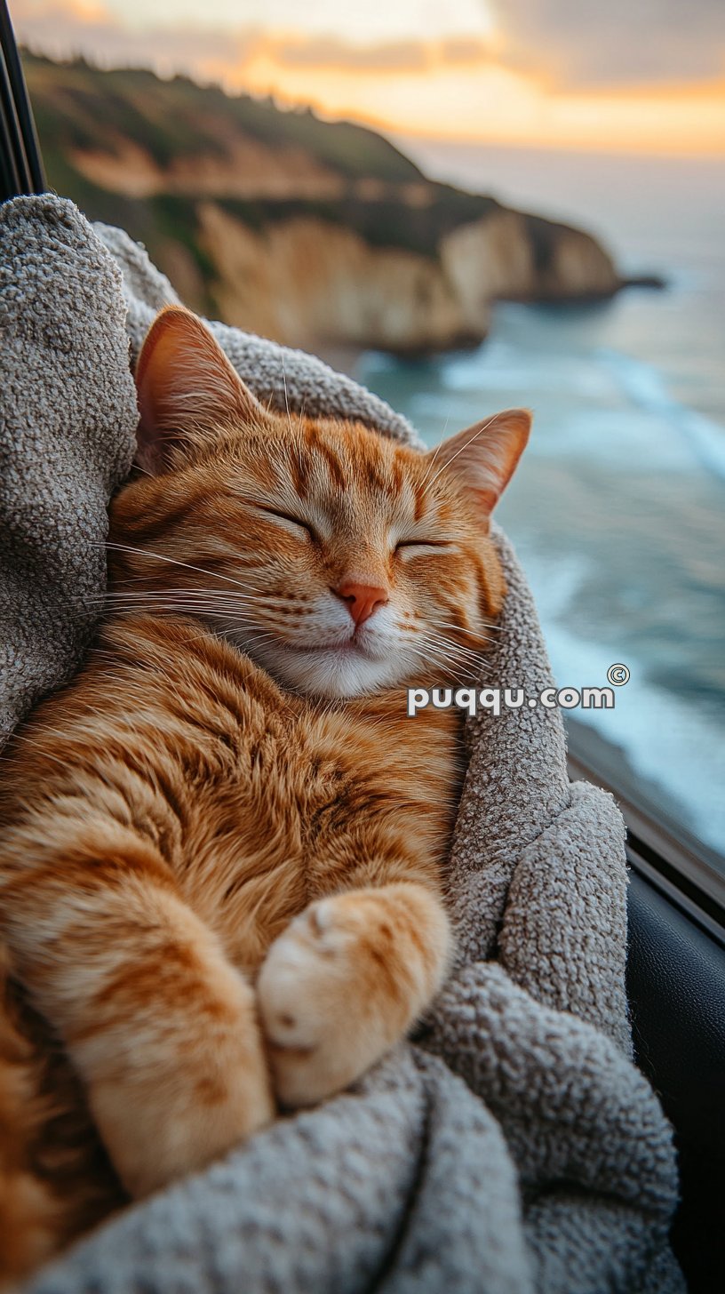 A ginger cat peacefully sleeping while wrapped in a gray blanket with a scenic coastal view in the background at sunset.