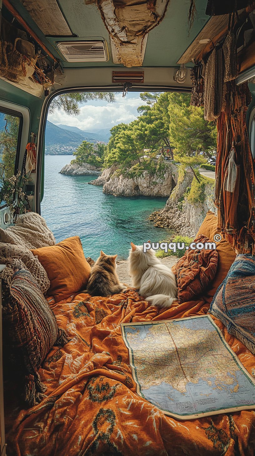 Two cats sitting on an orange blanket inside a boho-style van, overlooking a scenic coastline with clear blue water and rocky cliffs. A map is spread out on the blanket.