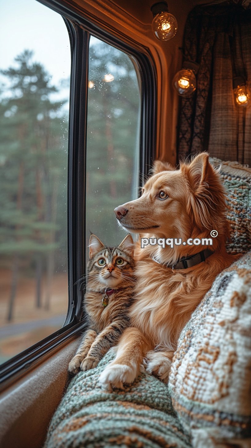 A cat and a dog sitting together on a cozy blanket and looking out the window of a camper van, with hanging lights and a forest scene outside.