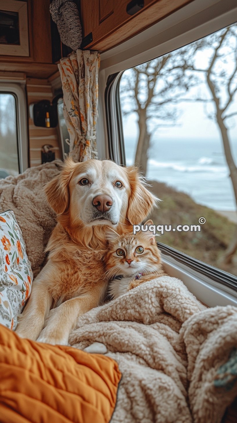 Golden retriever and tabby cat cuddling on a cozy bed inside a camper van with an ocean view in the background.