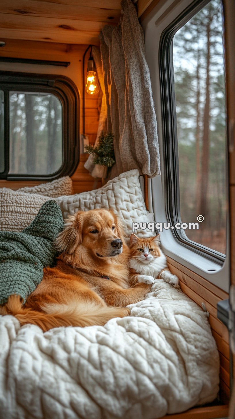 Golden retriever and orange tabby cat cuddling on a cozy bed inside a camper van.