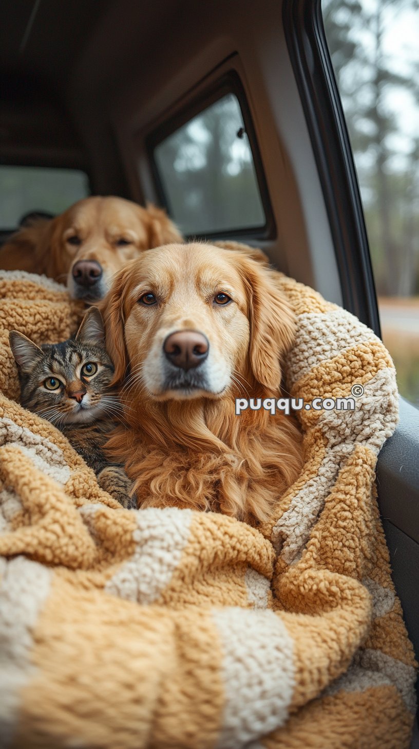 Two golden retrievers and a tabby cat snuggled together on a blanket in a car.