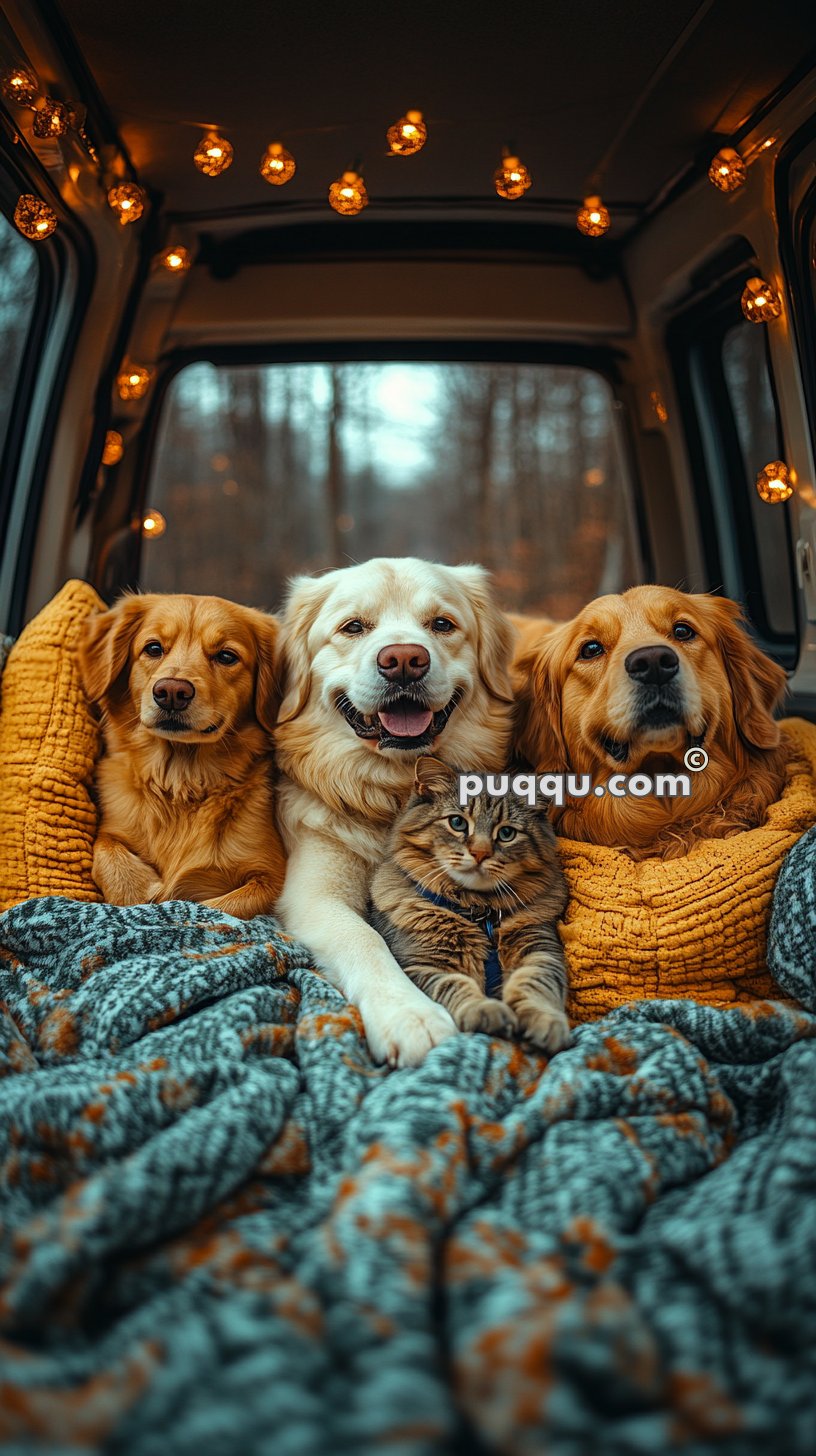 Three dogs and a cat snuggling together on a blanket inside a vehicle with string lights on the ceiling.