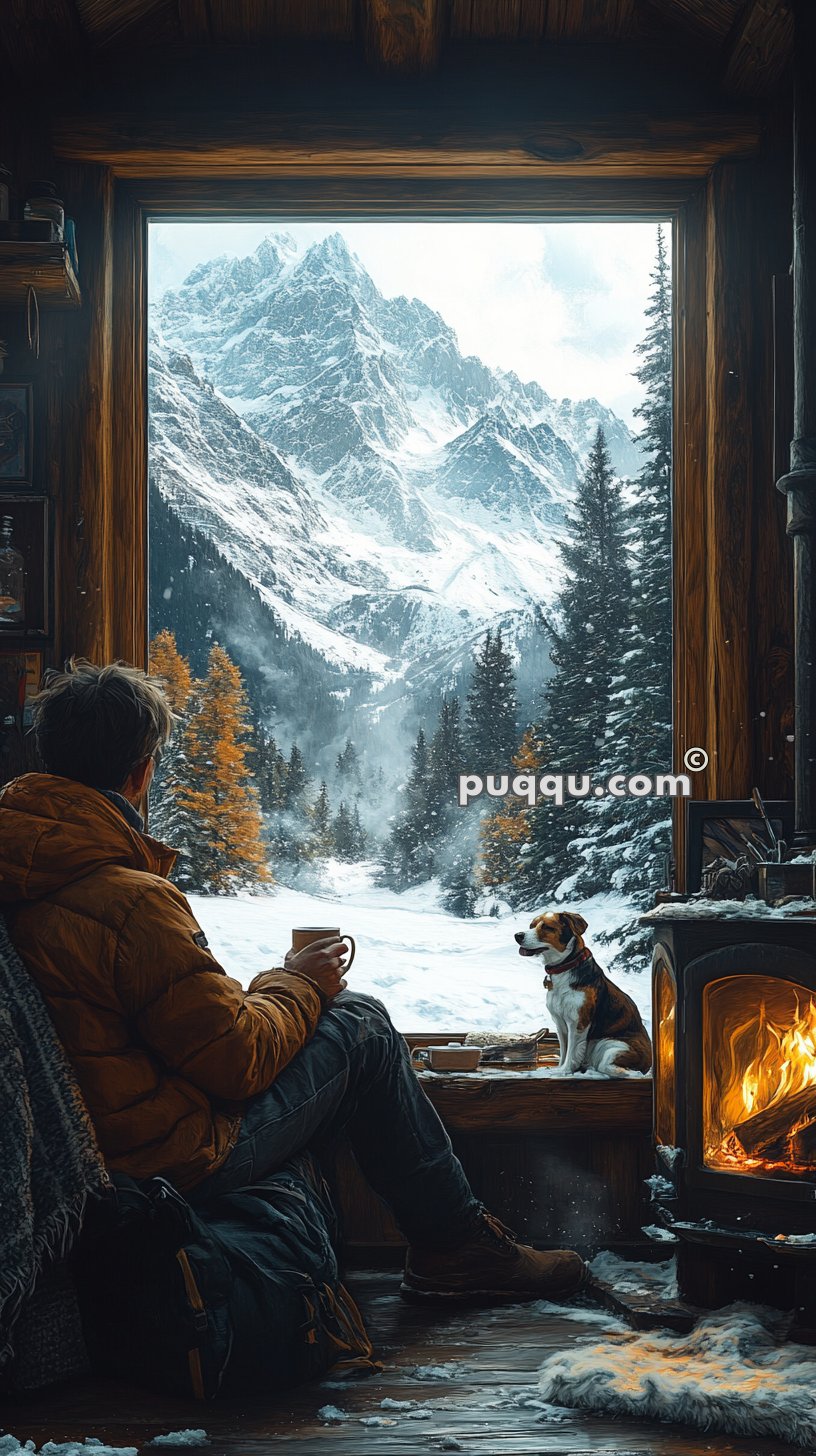 Person in a cozy wooden cabin, holding a cup, looking out at snowy mountains and evergreen trees, with a dog sitting near a wood stove with a fire burning.