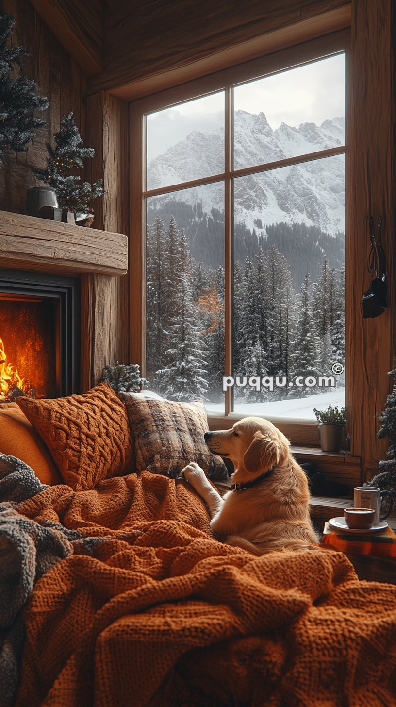 Dog laying on a cozy bed with orange blankets in a wooden cabin, warm fire burning in a fireplace, large window revealing snowy pine trees and mountains outside.