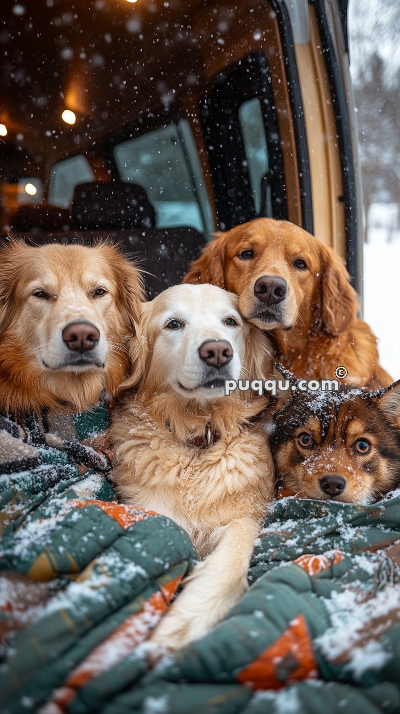 Four dogs huddled together under a blanket in the back of a vehicle while snow falls around them.