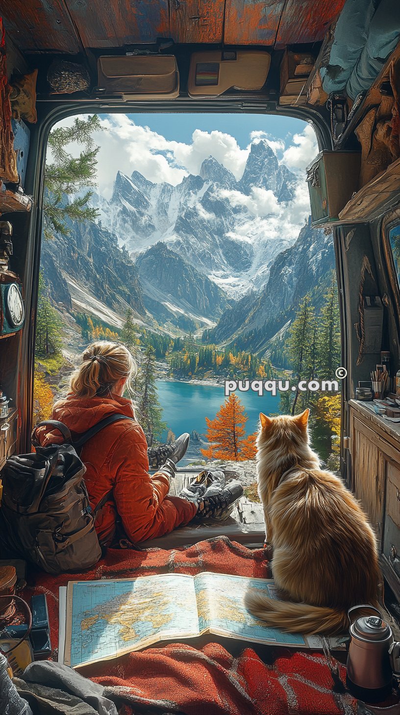 A person and a dog sit at the back of a camper van, overlooking a scenic view of a lake surrounded by tall, snow-capped mountains and lush forests. A map and a thermos lie on the floor inside the van.