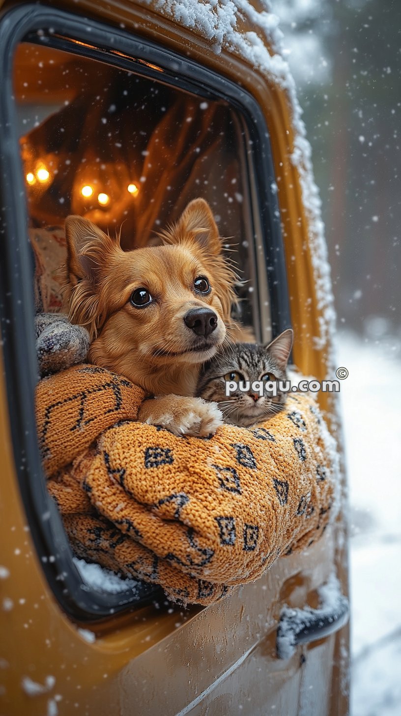 A dog and a cat snuggled together with a knitted blanket inside a vintage car during a snowy winter.