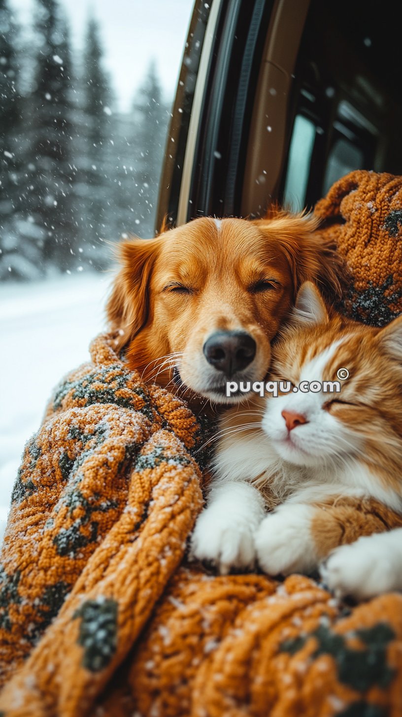 Dog and cat snuggled together under a blanket during snowfall.