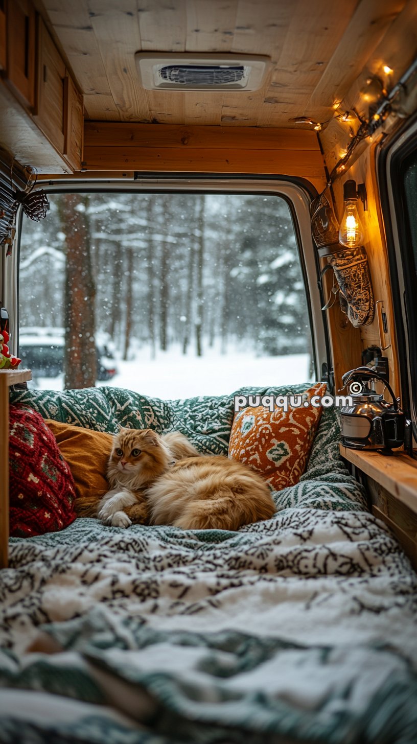 A cozy van interior with wood paneling, string lights, and a large, fluffy cat lounging on a bed with colorful blankets and pillows. Snow-covered trees are visible through the van's back windows.