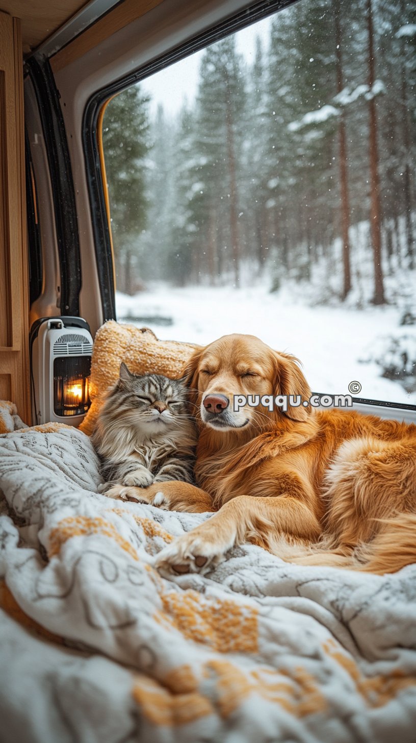 A cat and a dog sleeping together on a cozy blanket inside a van, with a snowy forest visible through the window.