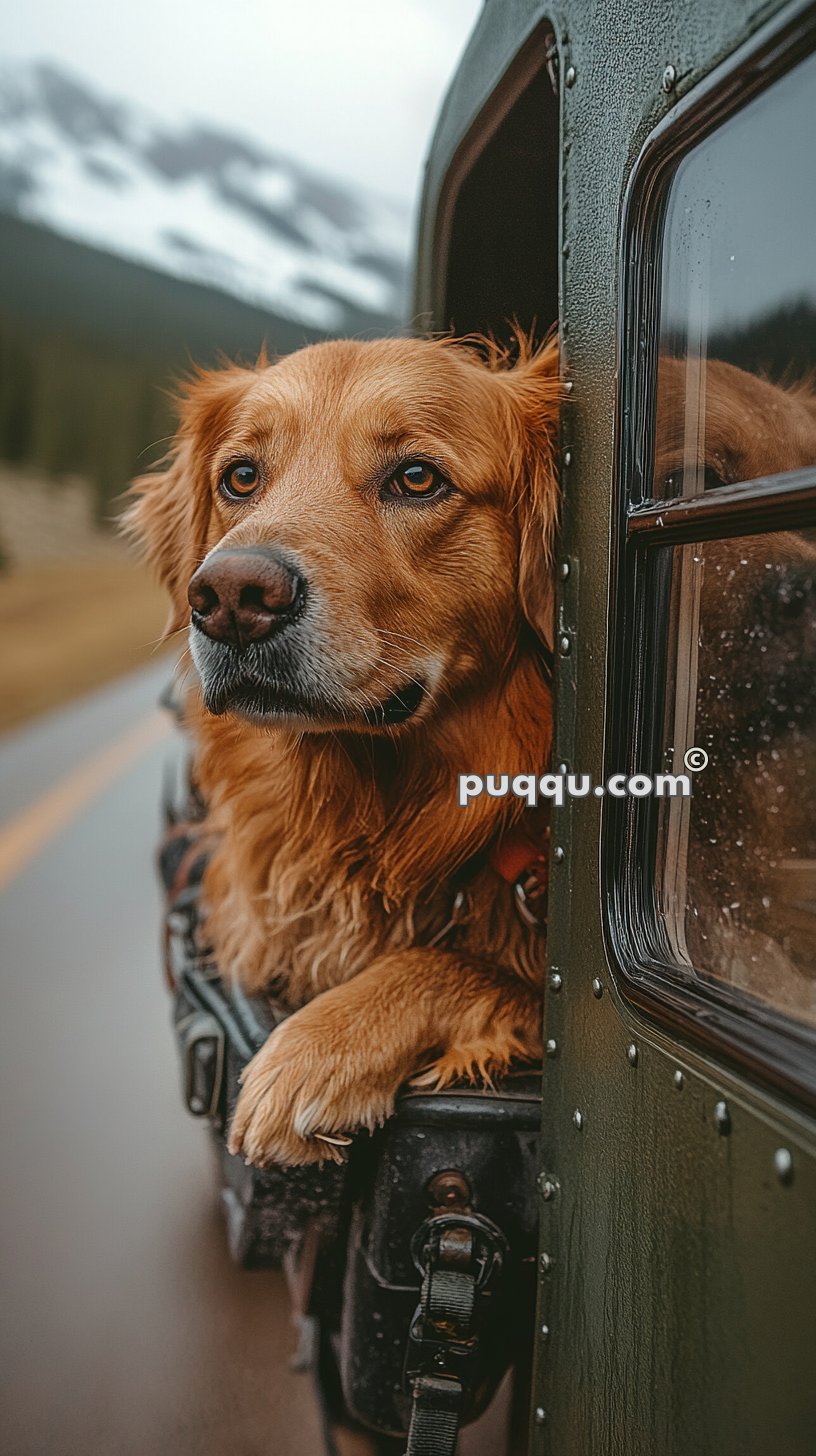 Golden Retriever leaning out of a car window on a rainy day with mountains in the background.