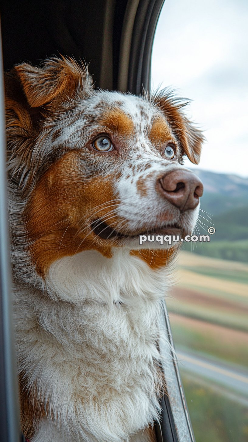 A close-up of a dog with white and brown markings, looking out of a car window with a scenic landscape in the background.