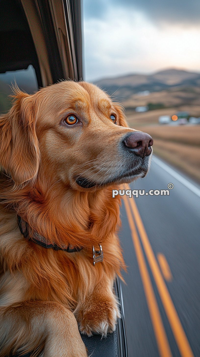 Golden retriever with its head out of a car window, enjoying a scenic drive.