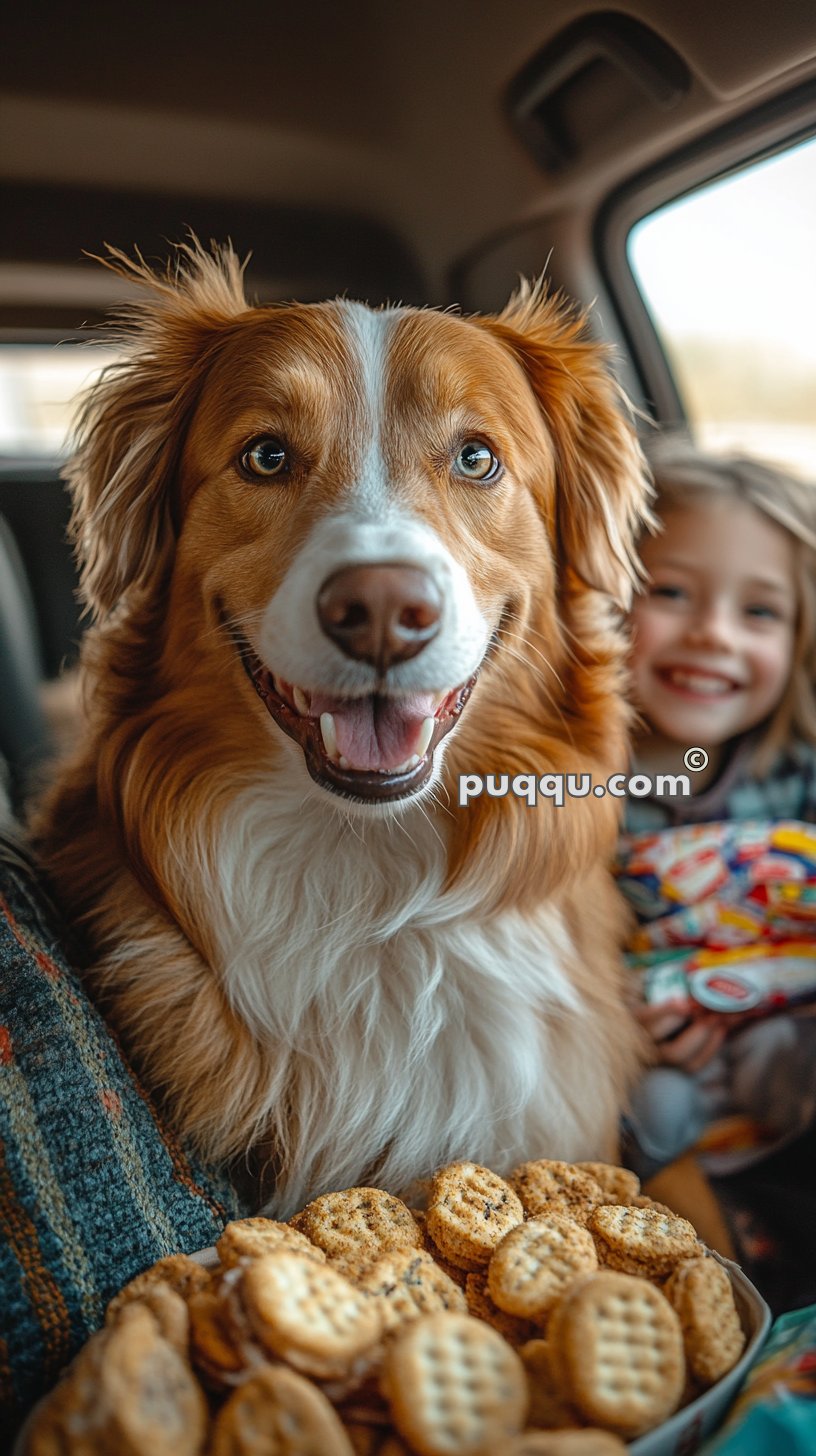 A happy dog with a fluffy coat sits inside a car next to a smiling child, with a stack of biscuits in front of them.