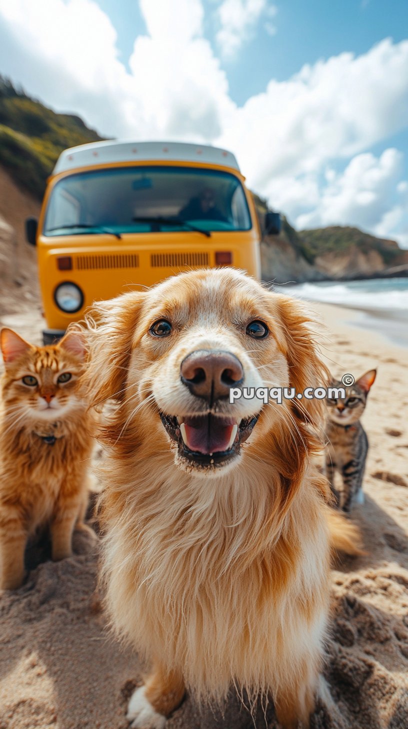 A happy dog and two cats on a beach in front of a yellow van.