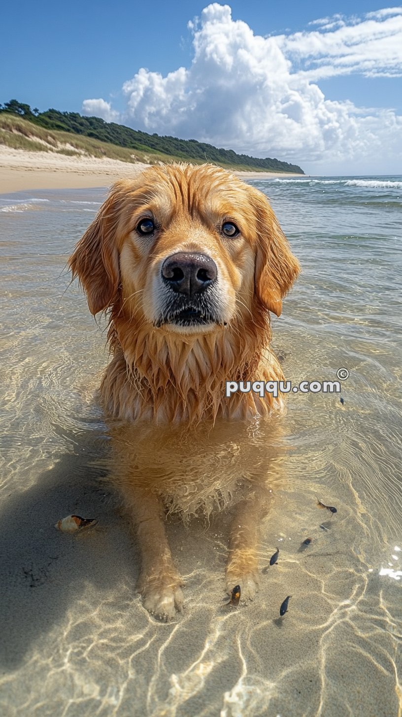 Golden retriever standing in shallow ocean water on a sandy beach with a clear blue sky in the background.