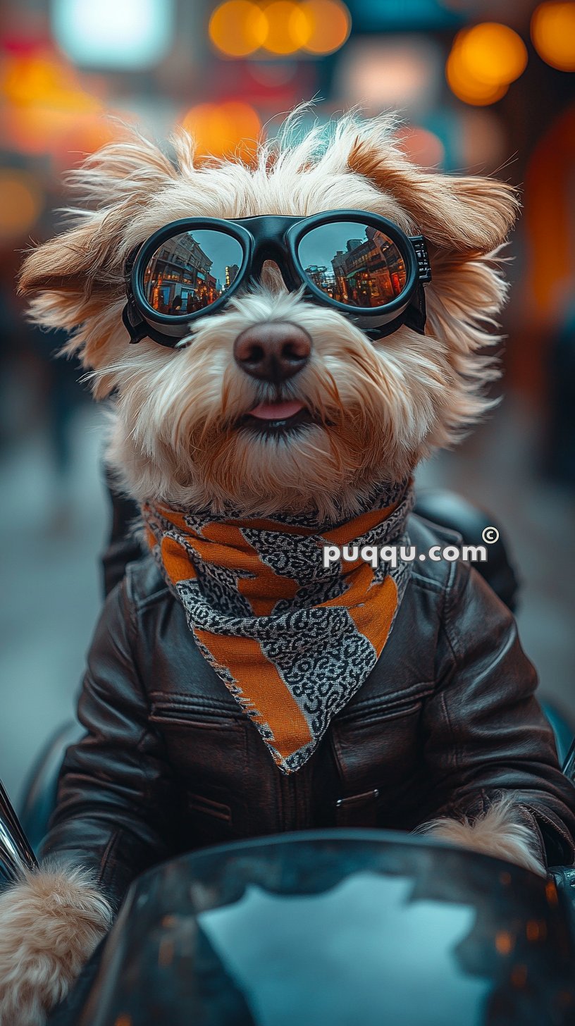 A dog wearing goggles, a leather jacket, and a patterned scarf.