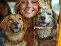 Smiling woman in a colorful setting sitting between two dogs inside a vehicle.