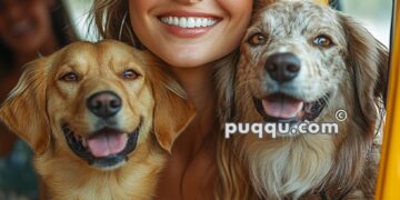 Smiling woman in a colorful setting sitting between two dogs inside a vehicle.