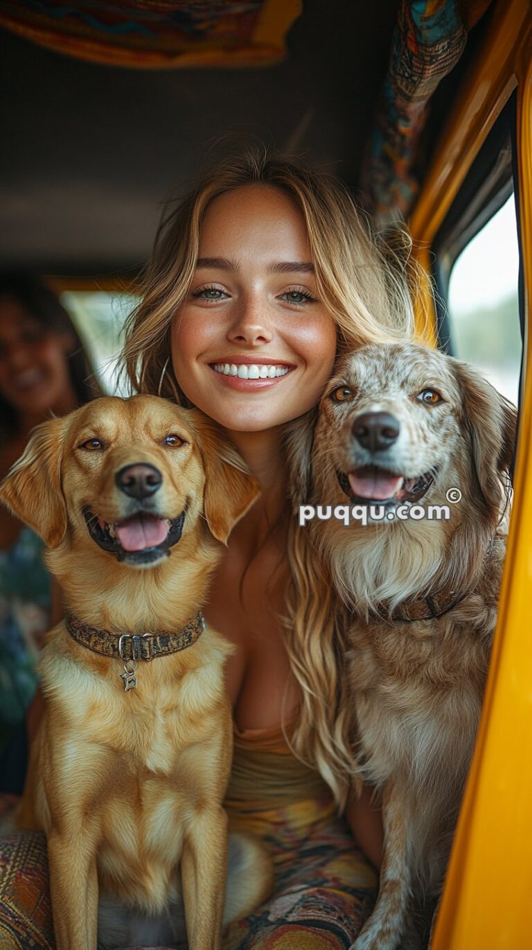 Smiling woman in a colorful setting sitting between two dogs inside a vehicle.