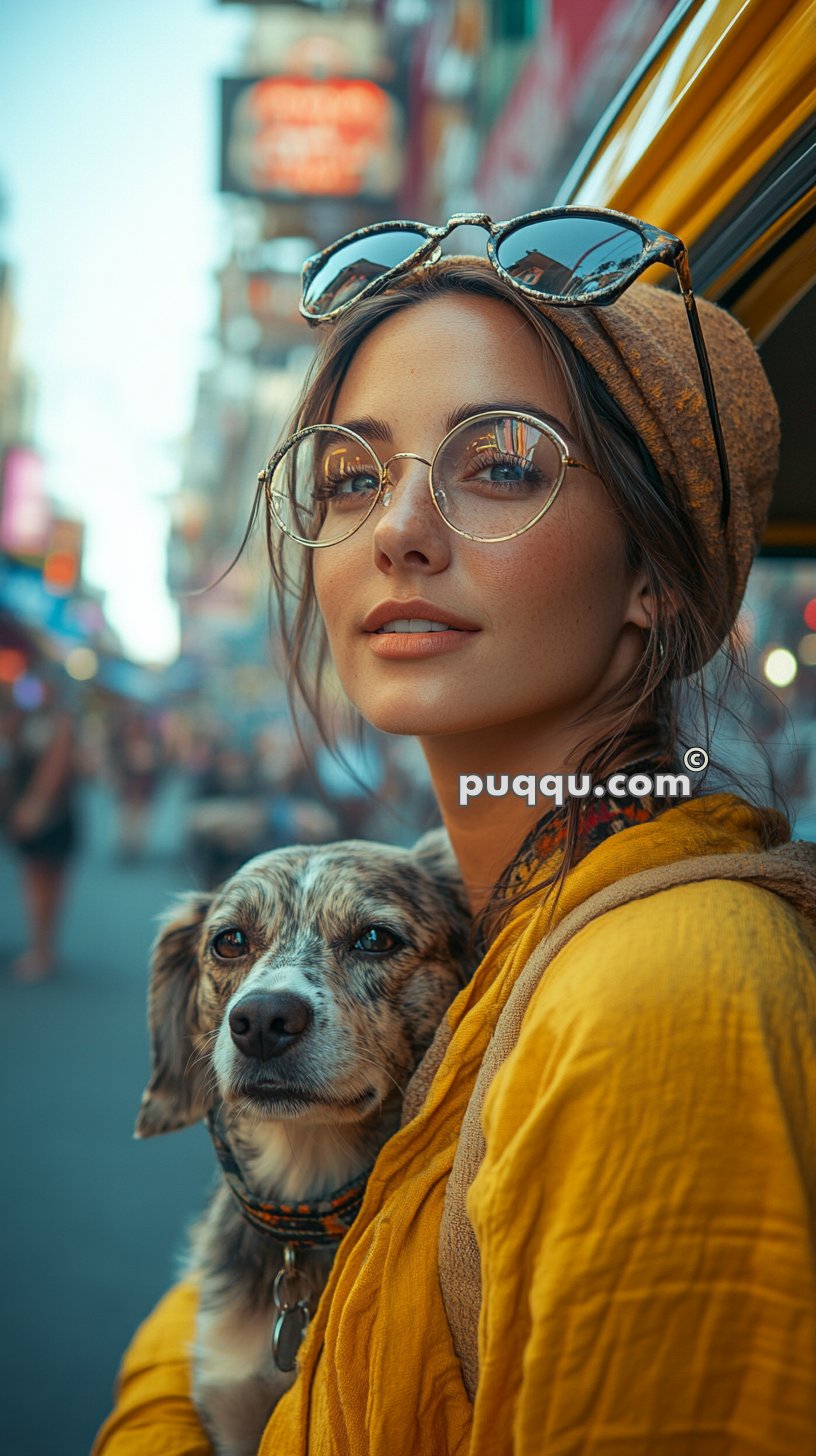 Woman with glasses and headscarf holding a dog in a busy city street.