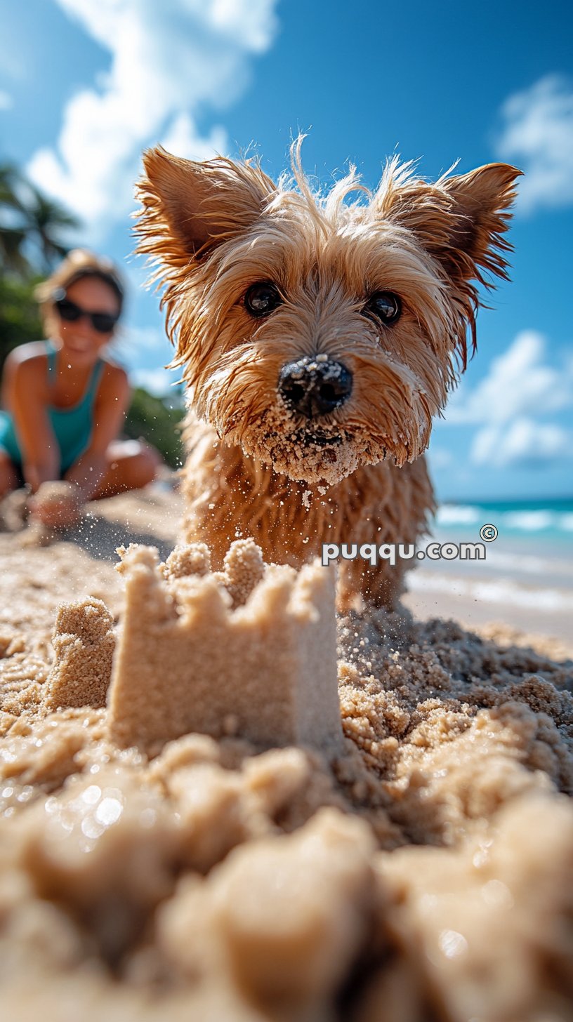 A close-up of a wet dog with sand on its nose, next to a sandcastle on a beach, with a person blurred in the background.