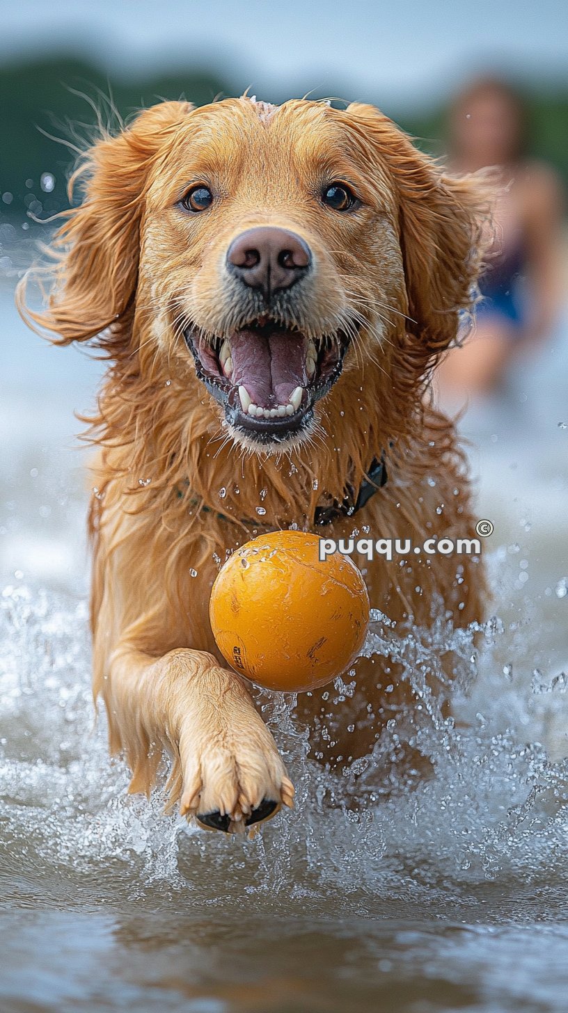 Golden retriever running in the water with a yellow ball in its mouth, splashing around exuberantly.