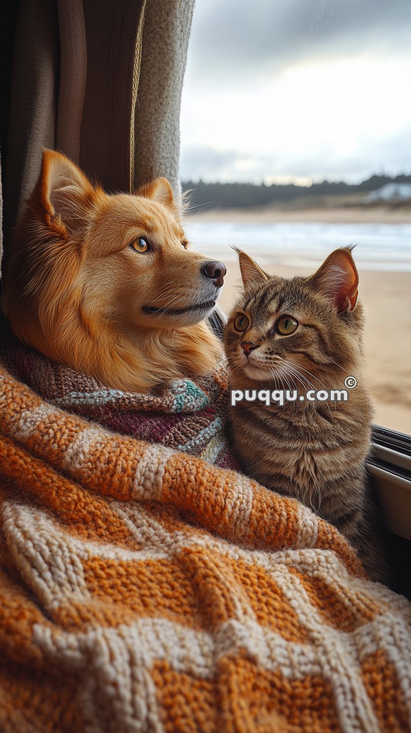 A dog and a cat cuddling together under a colorful knitted blanket, looking out a window at a sandy beach and cloudy sky.