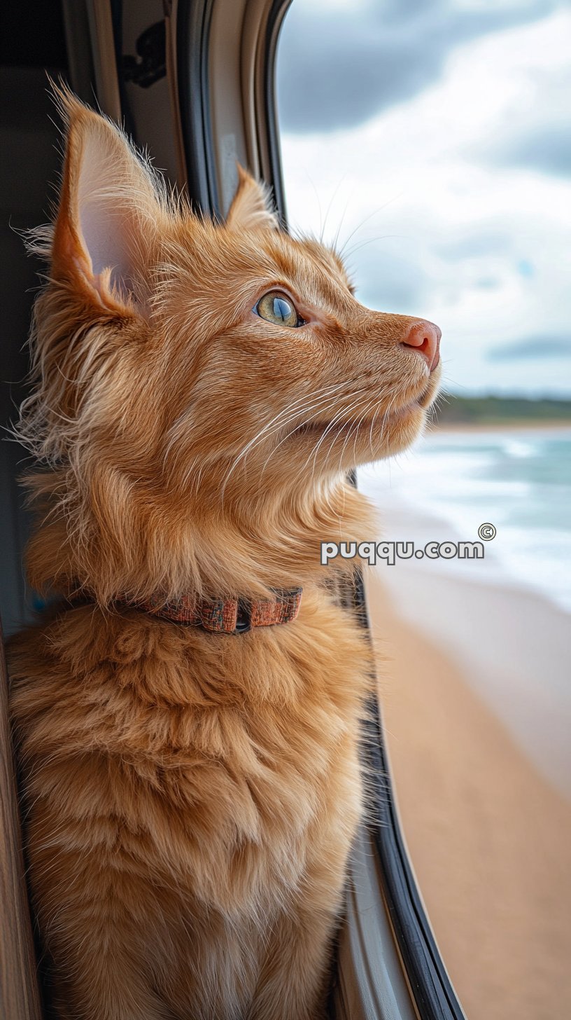 Orange cat with a fluffy coat looking out a window at a beach scene.