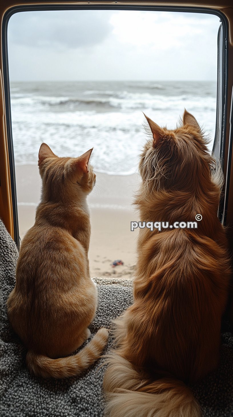 A cat and a dog sitting together, looking out a vehicle window at the beach and ocean waves.