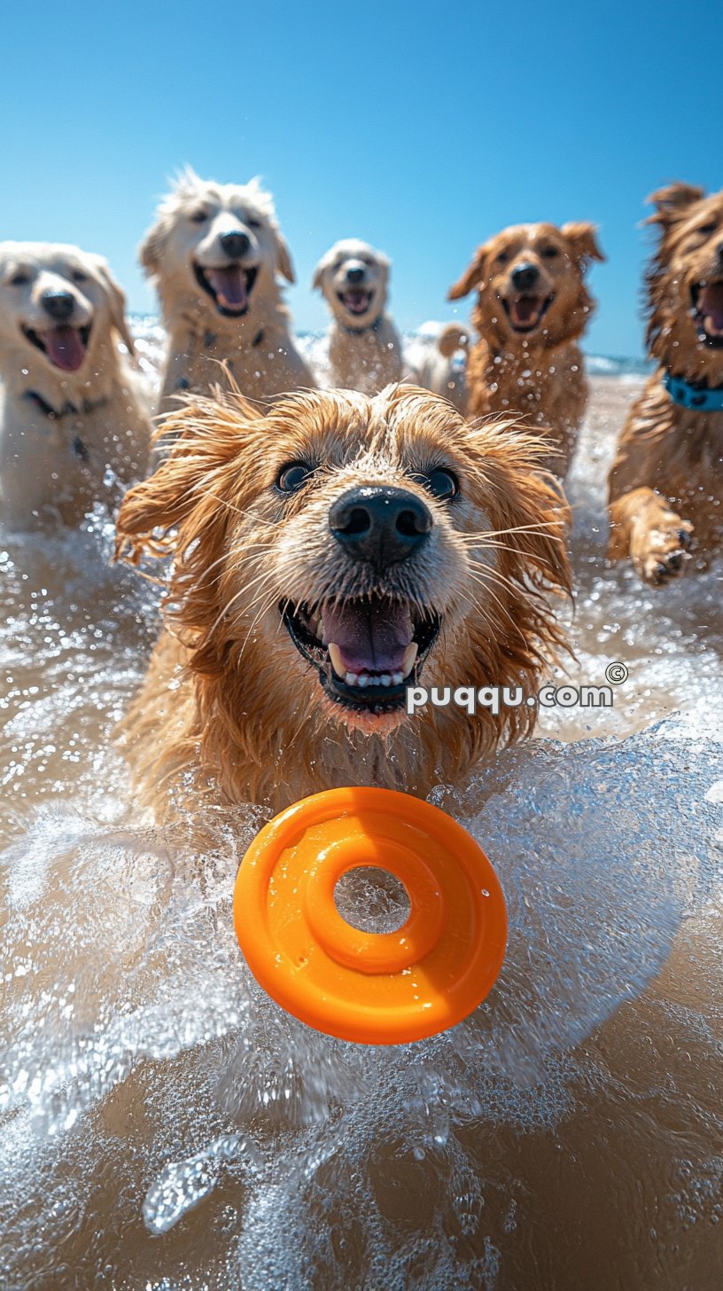 Dogs playing at the beach in the water with a toy.