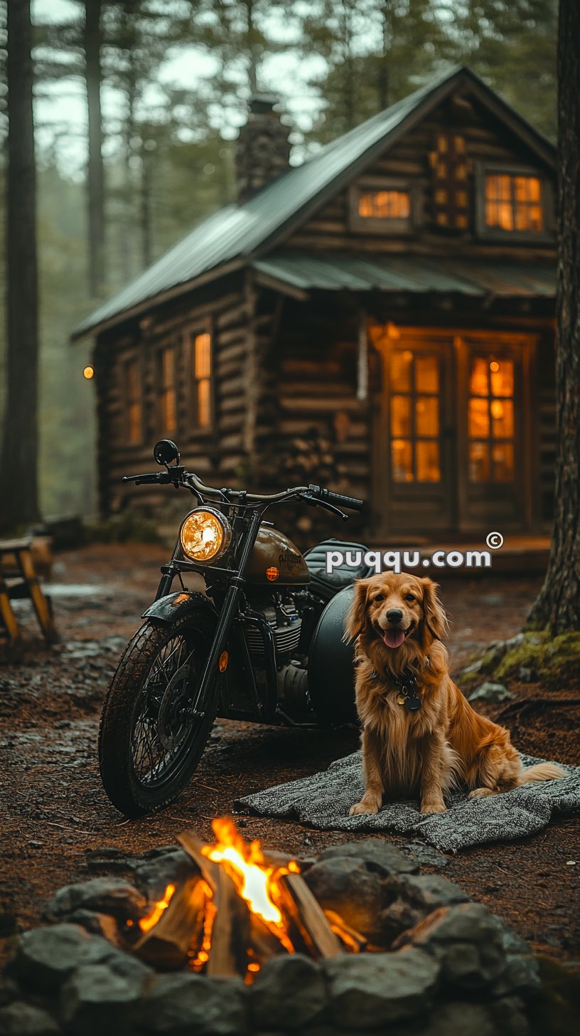 A golden retriever sitting on a blanket next to a motorcycle and a campfire, with a wooden cabin in the background.