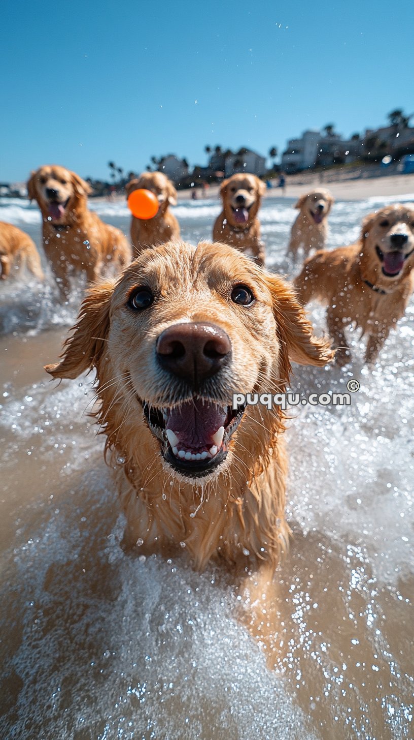 Several Golden Retrievers playing in the ocean waves, with one dog prominently featured in the foreground looking directly at the camera.