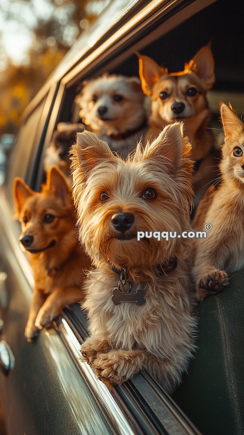 Several small dogs leaning out of a car window, looking at the camera.