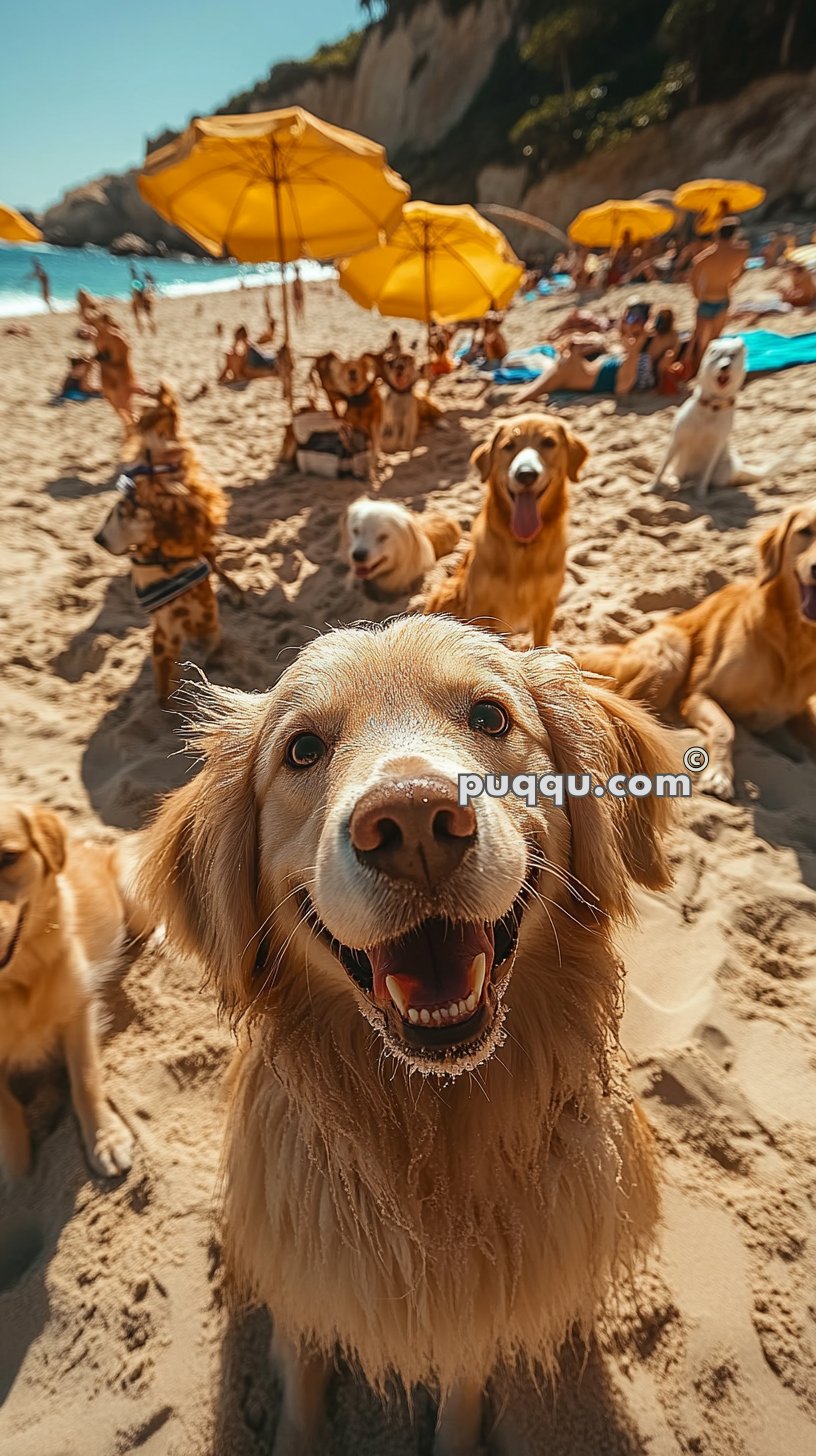 Several golden retrievers on a sunny beach with yellow umbrellas and people in the background, focusing on one dog smiling close to the camera.