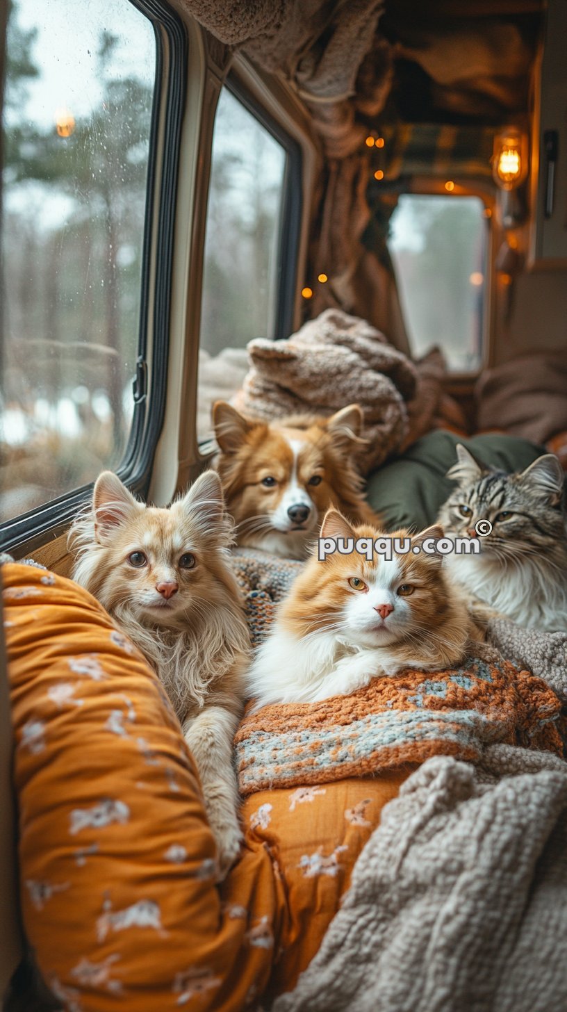 Cats and a dog cozying up together inside a van, surrounded by warm blankets and pillows, with a window view of the outdoors.