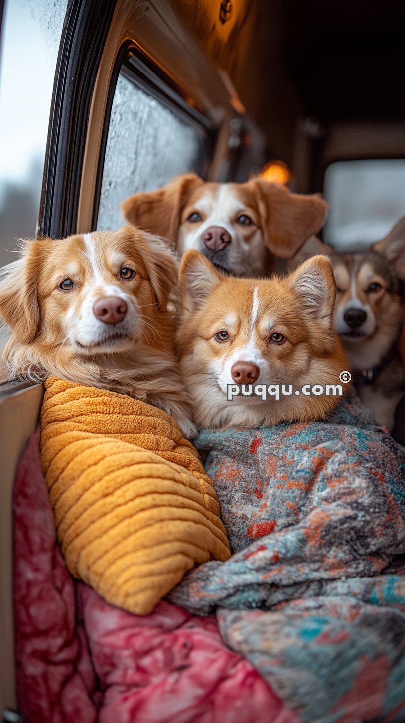 Four dogs snuggled together in a vehicle, wrapped in blankets, next to a rain-streaked window.