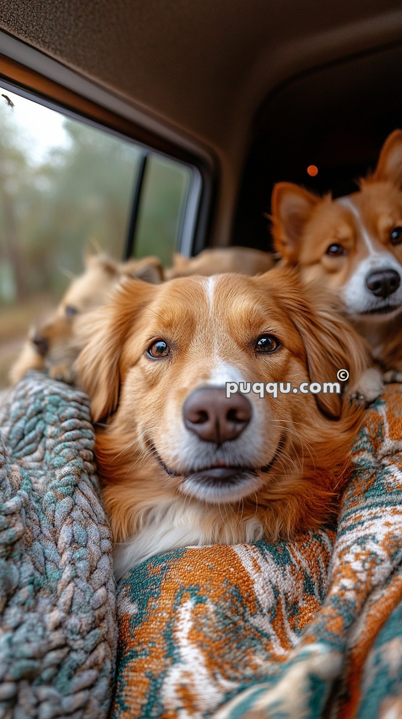 Close-up of three dogs cuddling together on a blanket inside a vehicle.