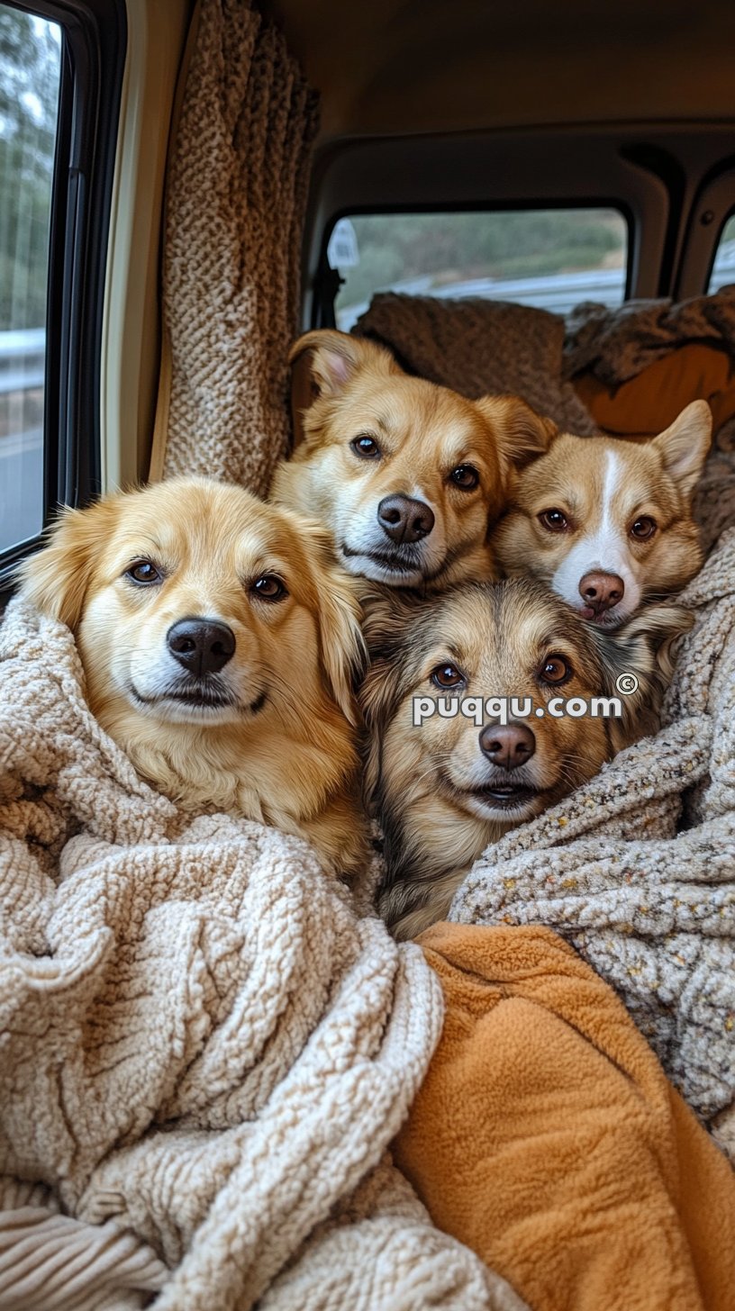 Four dogs snuggled together in a car, wrapped in cozy blankets.