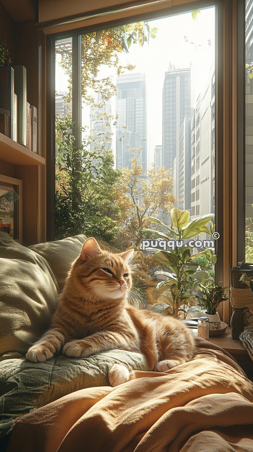 A relaxed orange tabby cat lounging on a bed by a sunny window with a view of a cityscape and lush greenery outside.