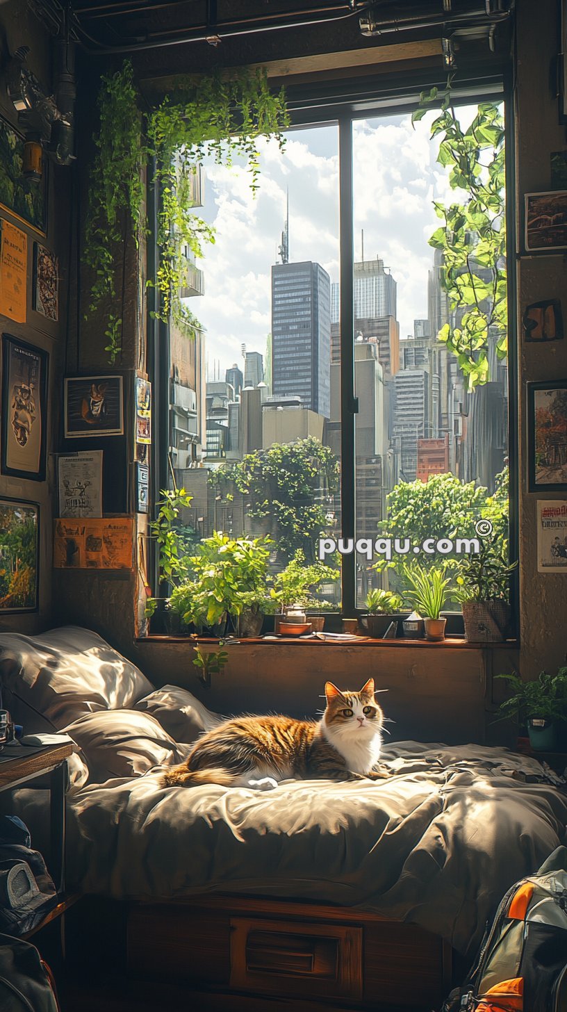 A cozy room with a cat lounging on a bed near a window, which is adorned with green plants and provides a view of city skyscrapers in the background.