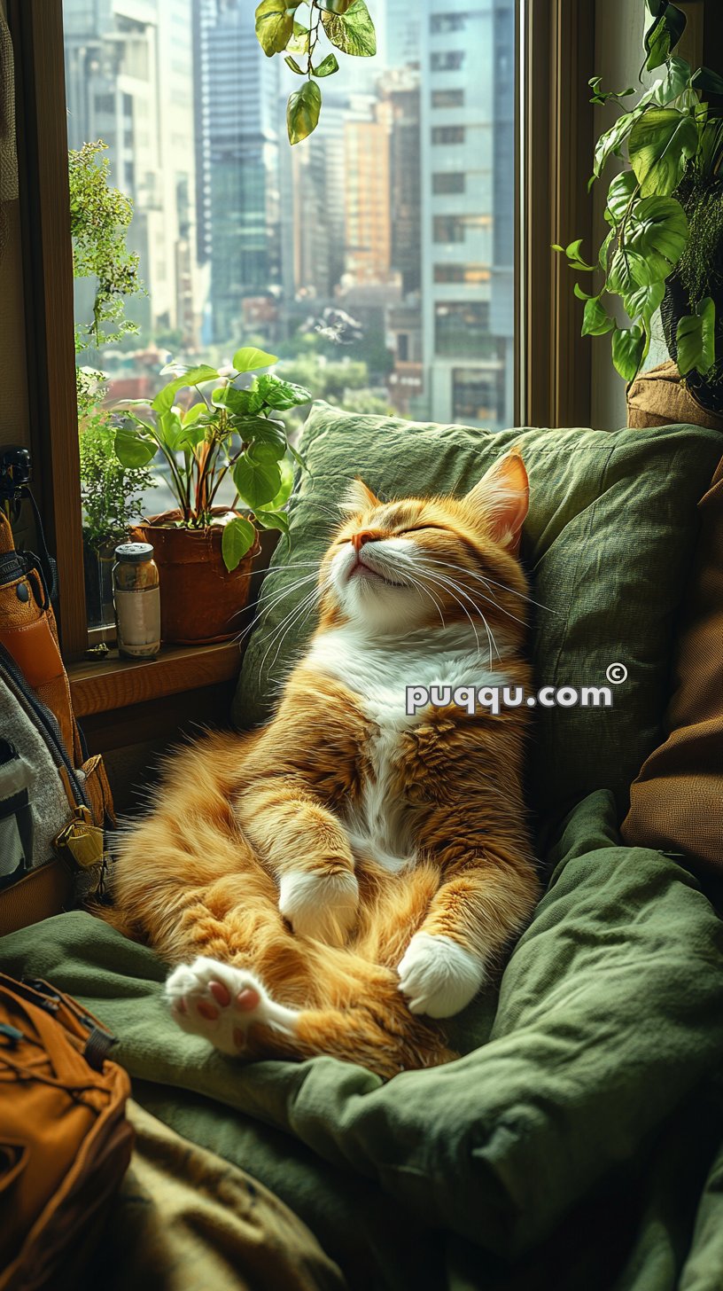 A relaxed ginger and white cat lies on its back on a green pillow near a window with city buildings in the background, surrounded by potted plants and a bag.