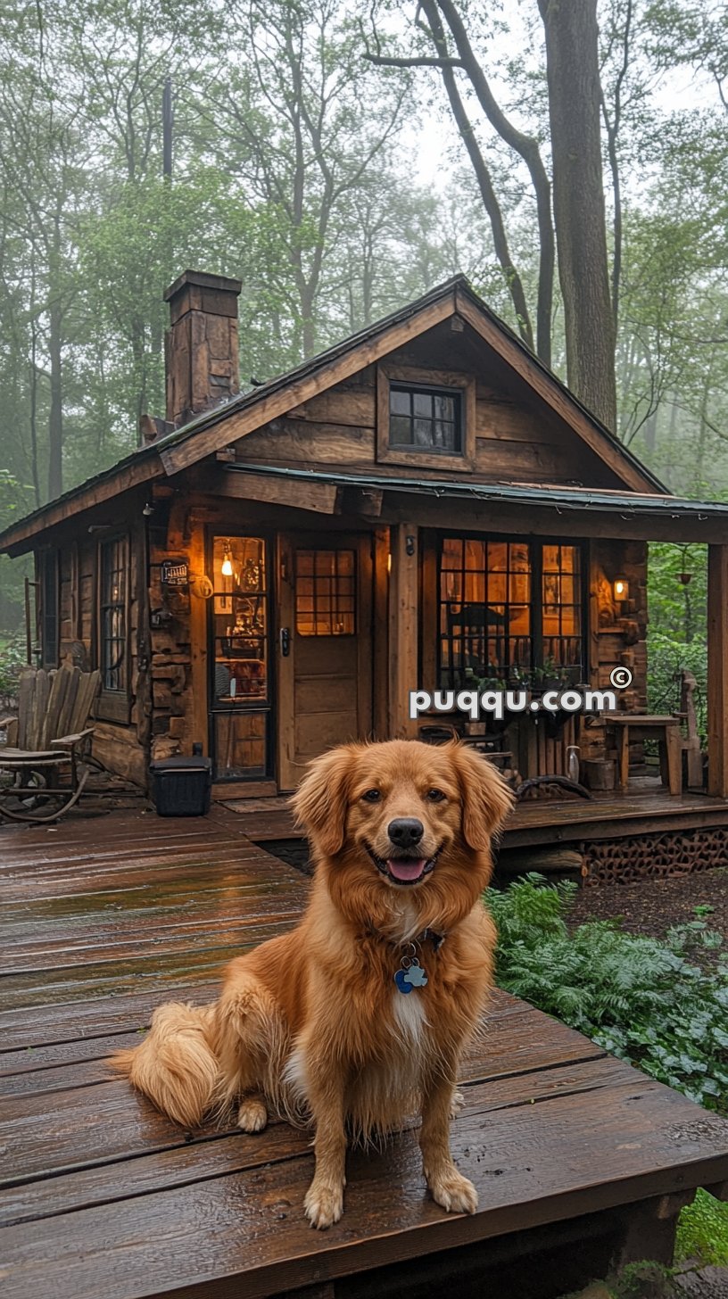 A brown dog is sitting on a wooden deck in front of a rustic wooden cabin in a misty forest.