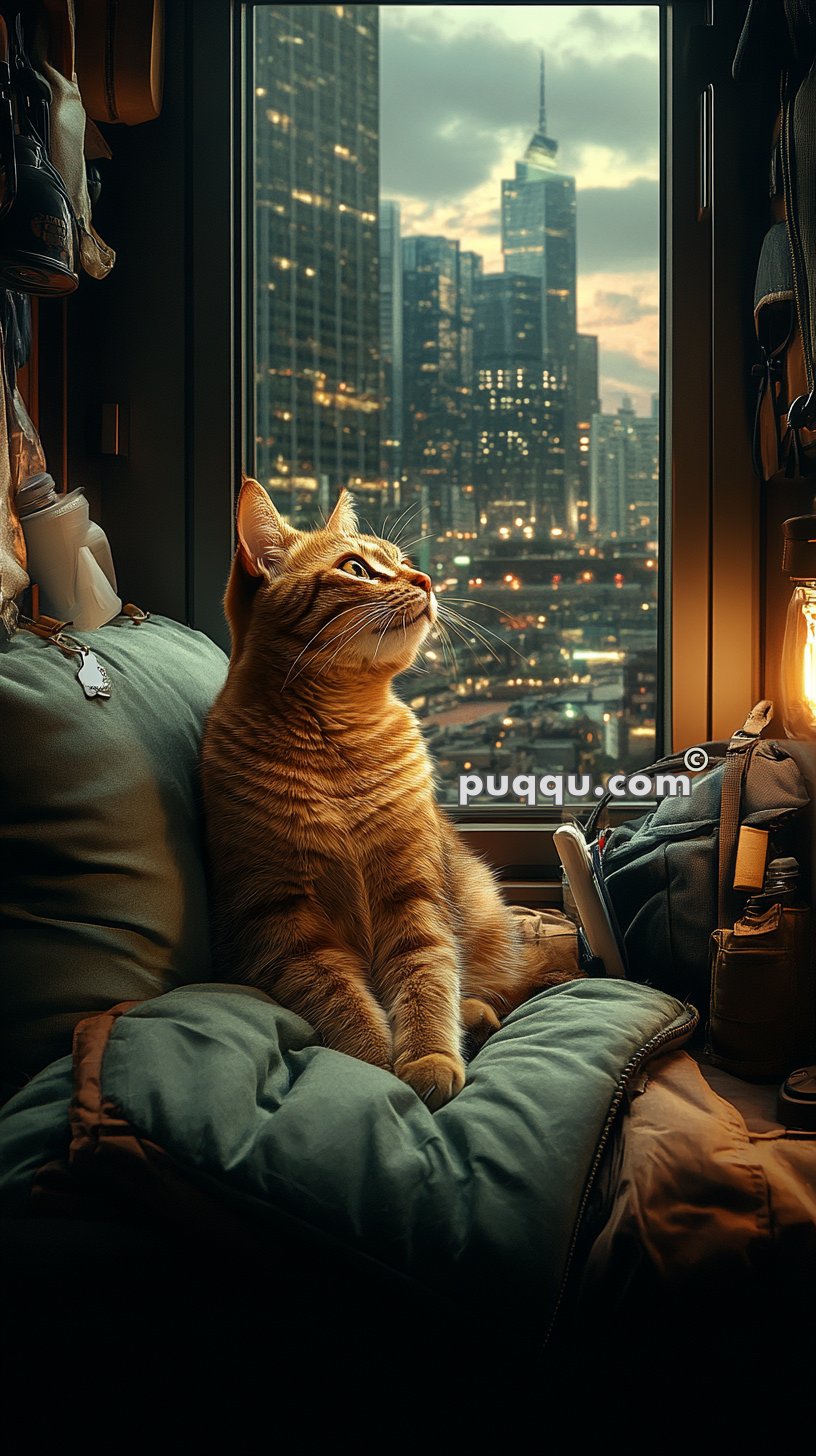 A tabby cat sitting on a cushion looking out a window at a nighttime cityscape with illuminated skyscrapers.