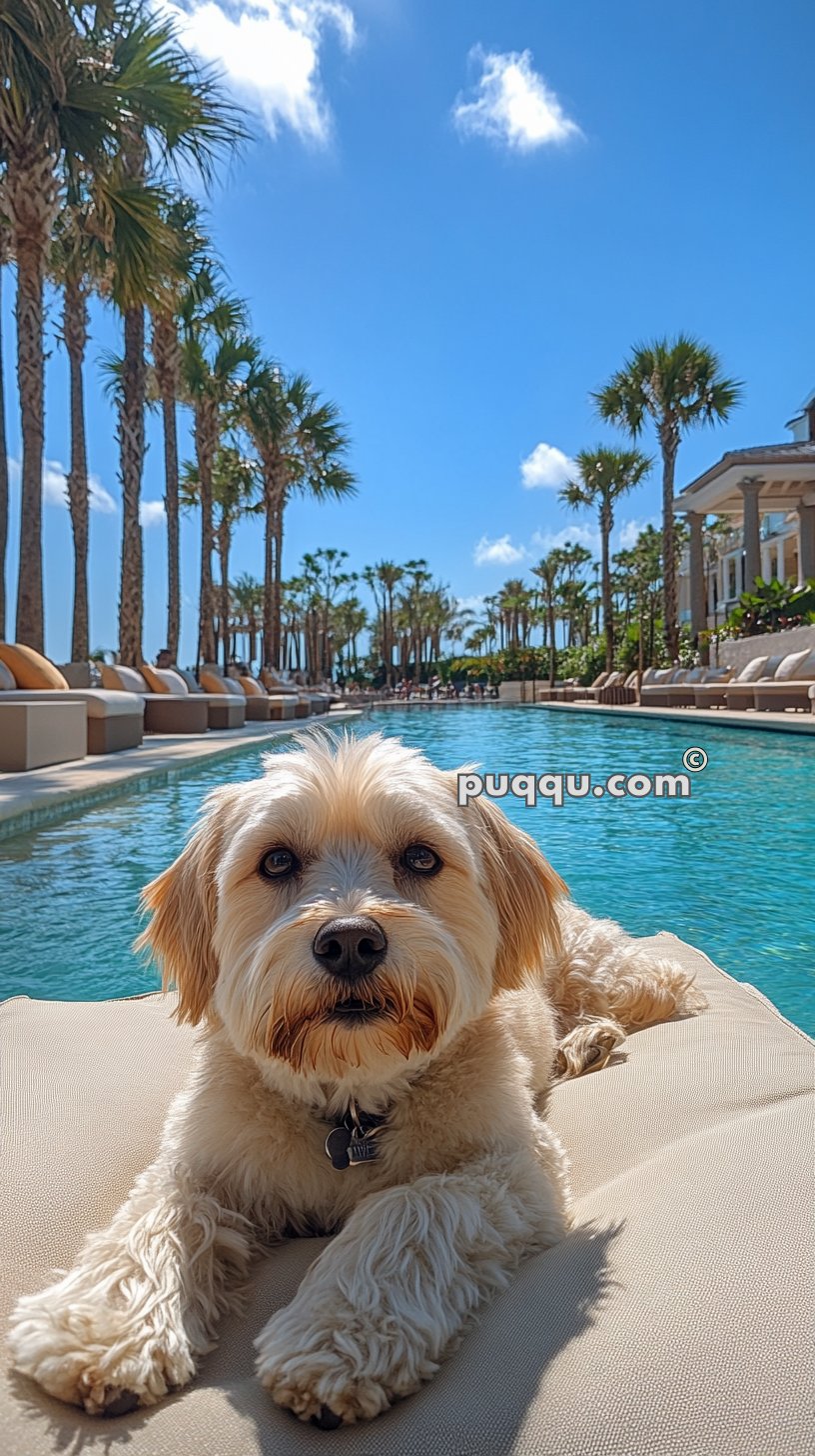 A small dog lounges on a cushion beside a luxurious swimming pool lined with palm trees.