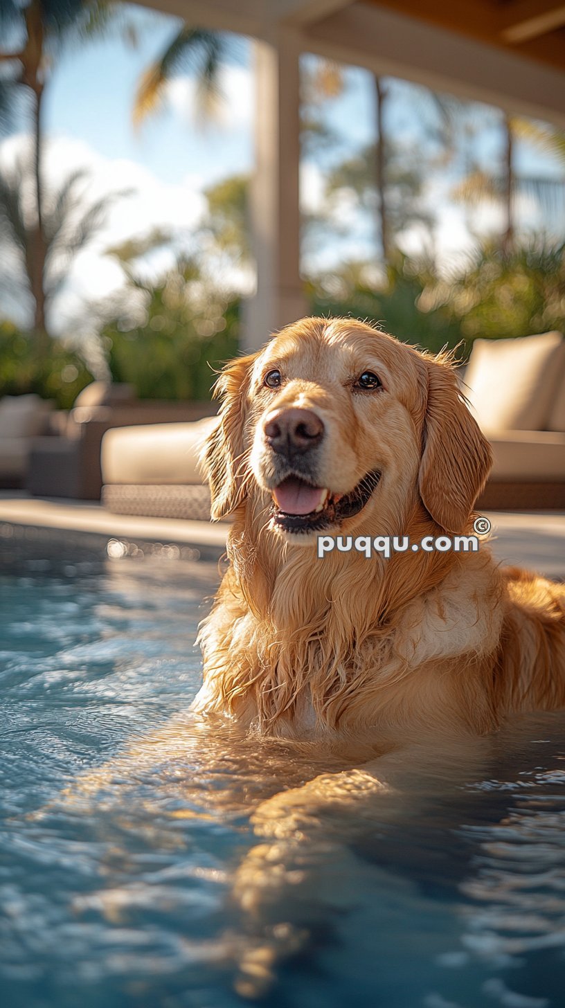 Golden retriever sitting in a pool, with an outdoor patio and palm trees in the background.